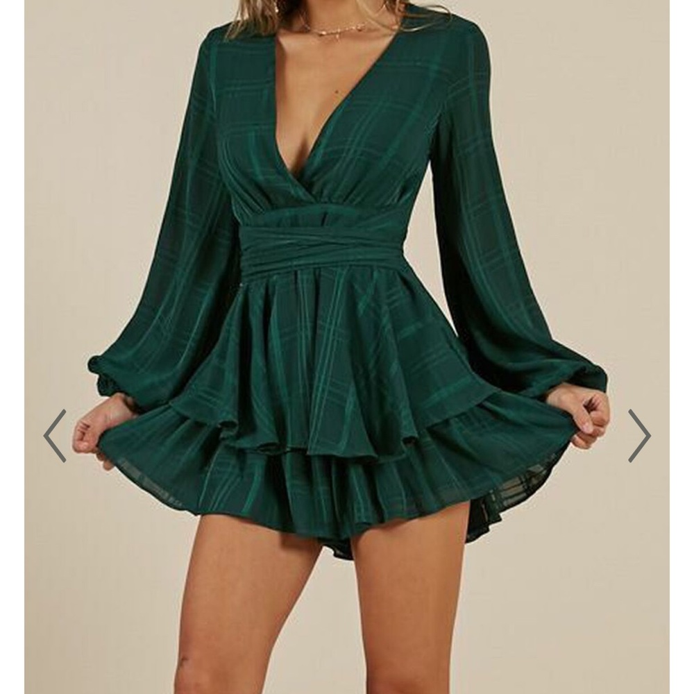 Hello Molly|Plaid Green Ruffle Bottom Romper|Zipper Back|Size S US Size AU 8